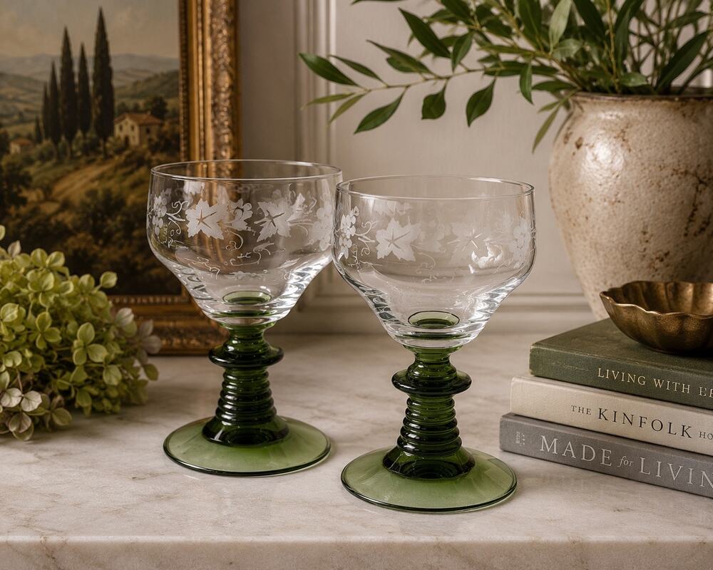 2 Vintage Green Stem Etched Grapevine Roemer Wine Glass 8 Oz